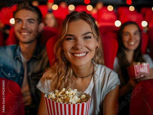 Young adults enjoying a movie night in a theater while sharing popcorn and smiles during a film screening in a cozy environment