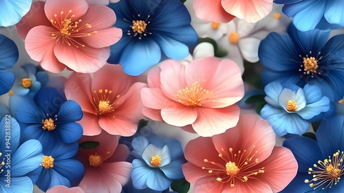 A colorful bouquet of flowers with blue, pink, and white petals. The flowers are arranged in a way that creates a sense of harmony and balance. The colors of the flowers are vibrant and eye-catching