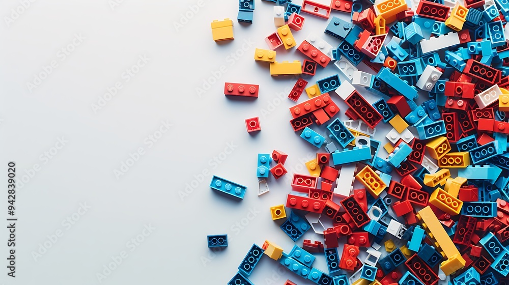 Colorful Plastic Building Blocks Scattered on White Background Colorful Plastic Building Blocks Scattered on White Background