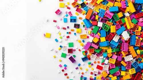 Colorful Plastic Building Blocks Scattered on White Background