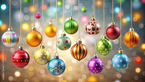 Colorful hanging ornaments on string for festive decoration photo