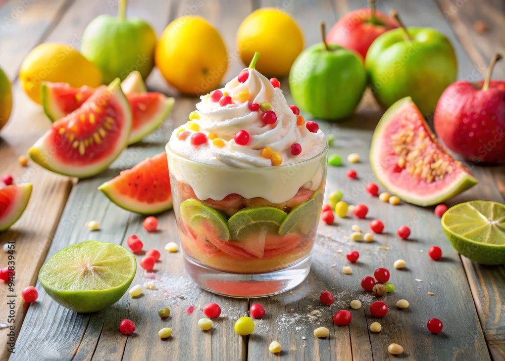 Obraz premium Bright Sunshine Guava Delight Colorful Sprinkles Whipped Cream Focal Point Natural Light Playful Composition Fresh Fruit Toppings Happy Summer Vibes Concept