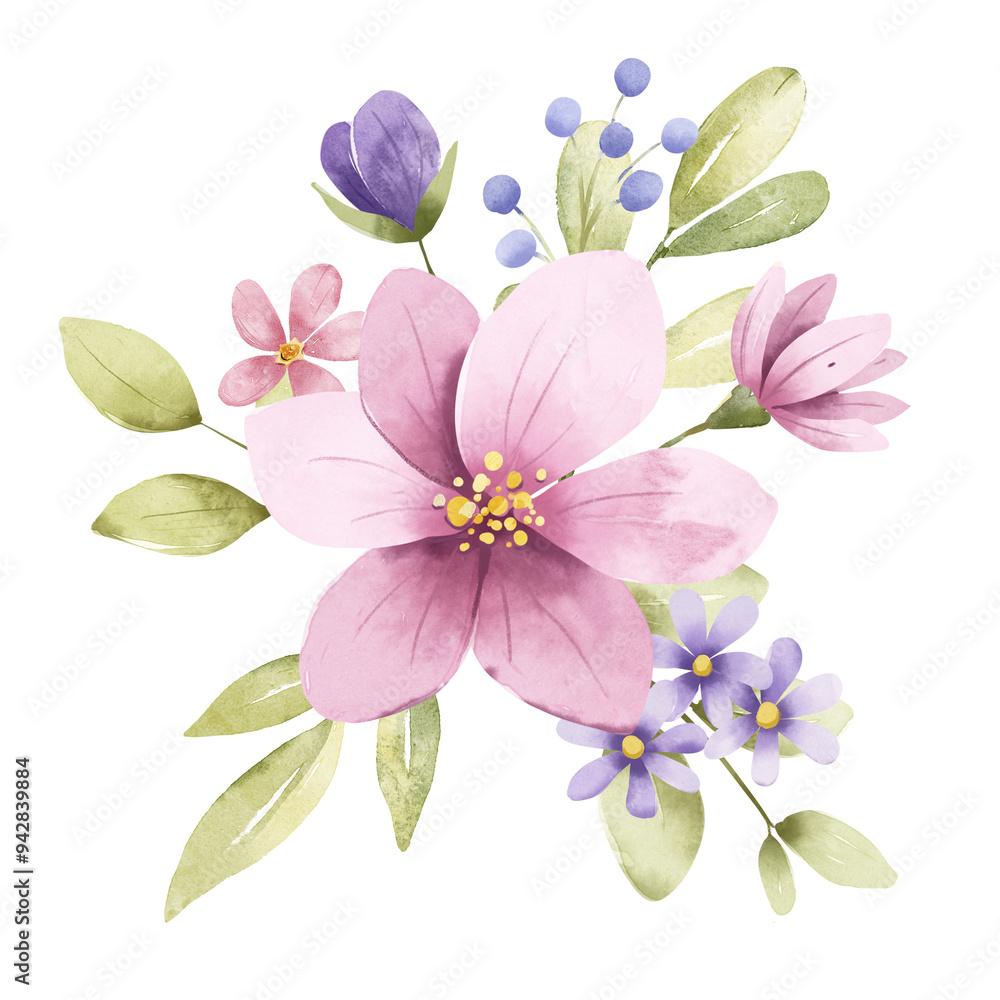 Obraz premium Watercolor flowers, floral bouquet with pink flower and leaf. Perfectly for print on greeting card, wedding invitation, poster. Hand drawing. Composition isolated on white.