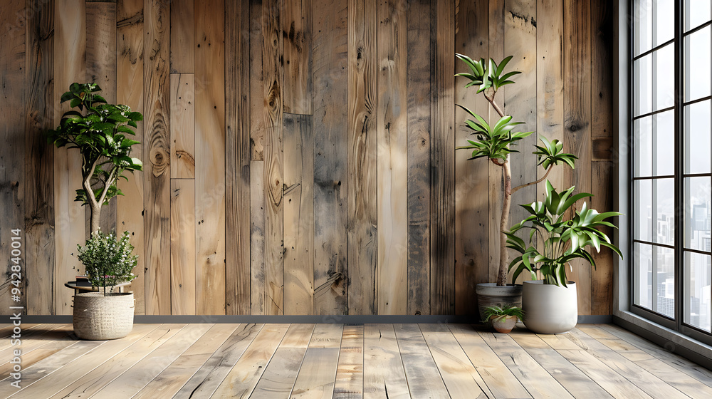 A minimalist room with rustic wood paneling and a large window. Two potted plants stand in the corner adding a touch of nature. A minimalist room with rustic wood paneling and a large window. Two potted plants stand in the corner adding a touch of nature.
