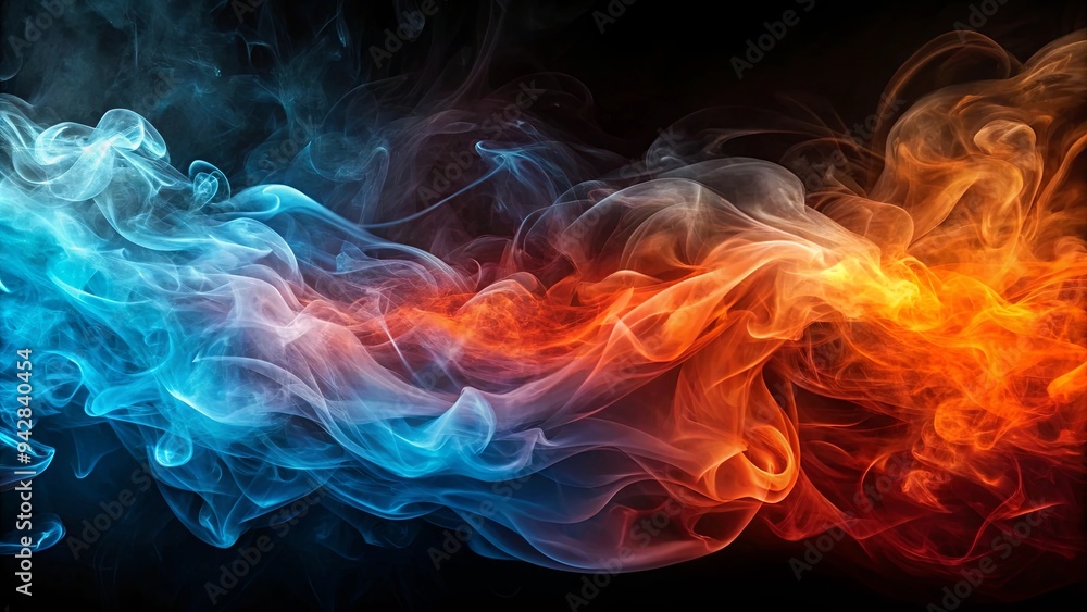 Fototapeta premium Abstract background with waves of light blue, orange, and red smoke blending with abstract light