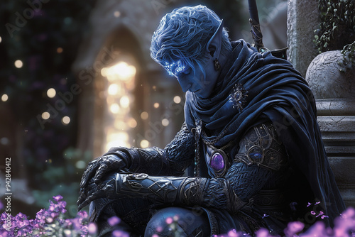 mysterious drow warrior in dark robes, seated in a serene garden, illuminated by ethereal light, surrounded by blooming flowers, lost in deep thought