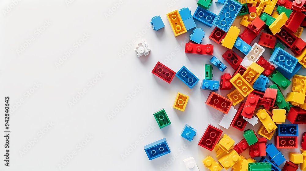 Colorful Plastic Building Blocks Scattered on White Background Colorful Plastic Building Blocks Scattered on White Background