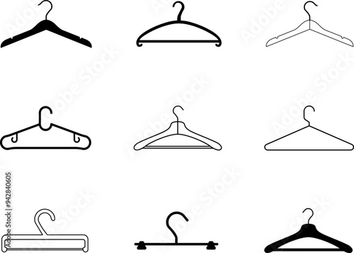 Hanger icon. Clothes Hangers silhouette collection. Coat rack symbol. Hang for coat, shirt or suit. Vector illustration