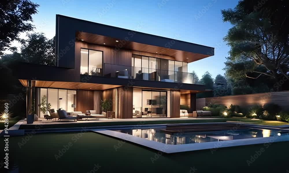 Modern house with garden at night, aesthetic view Modern house with garden at night, aesthetic view