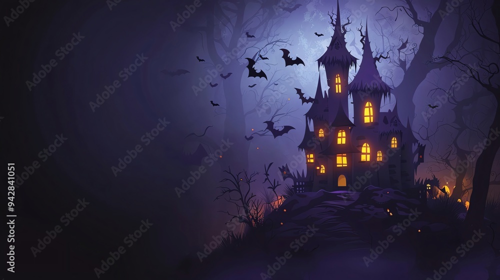 Vampire castle with glowing windows and bats, creating a gothic and spooky atmosphere with ample space for Halloween text vampire castle, glowing windows, bats Vampire castle with glowing windows and bats, creating a gothic and spooky atmosphere with ample space for Halloween text vampire castle, glowing windows, bats