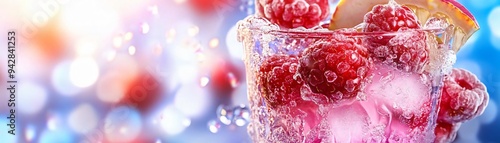 Refreshing raspberry drink with sparkling bubbles, perfect for summer vibes. A vibrant and colorful beverage in a glass. photo