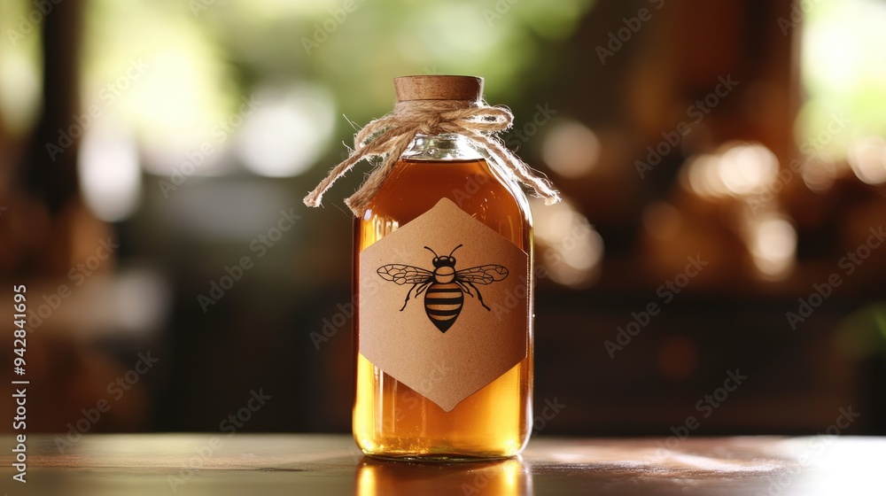 Honey Bottle with Bee Label on Wooden Table Honey Bottle with Bee Label on Wooden Table