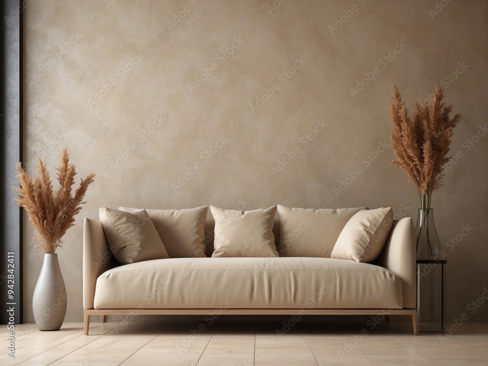 Minimalist Living Room with Beige Sofa, Pampas Grass, and Wooden Floor Minimalist Living Room with Beige Sofa, Pampas Grass, and Wooden Floor