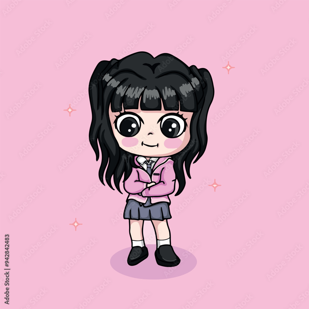 Cute little girl cartoon character. Vector illustration on pink background. Cute little girl cartoon character. Vector illustration on pink background.