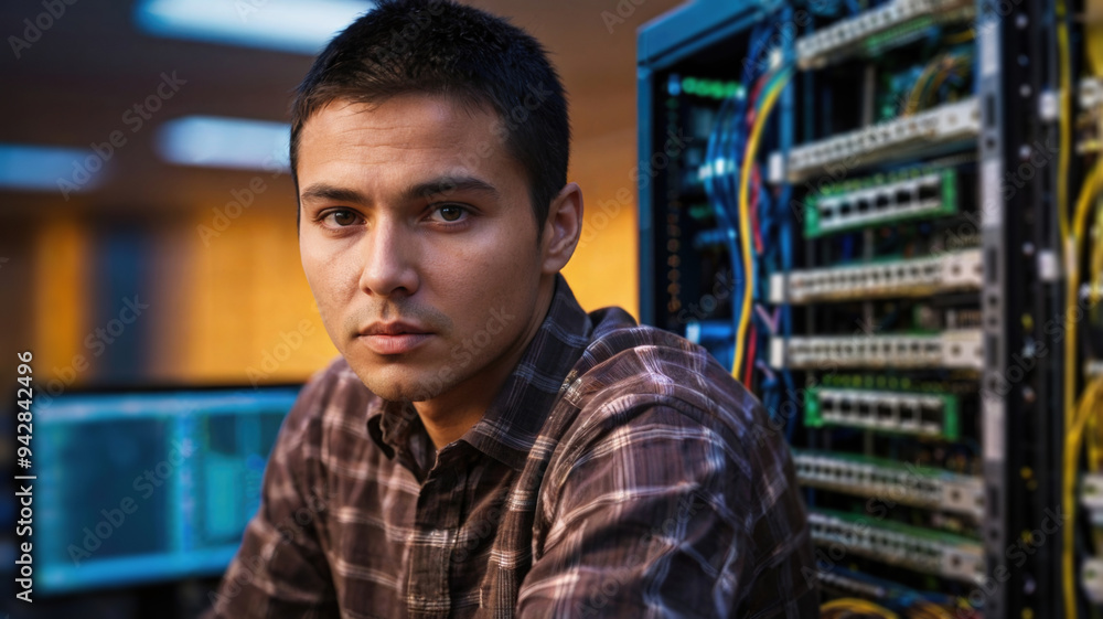 Male technician looking at camera while standing in network server room. Male technician looking at camera while standing in network server room.