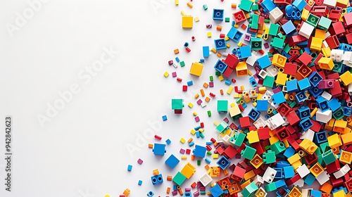 Colorful Plastic Building Blocks Scattered on White Background