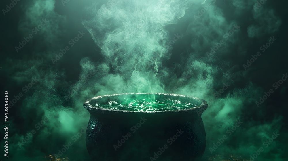 Green mist rising from a bubbling cauldron in a dark and mysterious setting Green mist rising from a bubbling cauldron in a dark and mysterious setting
