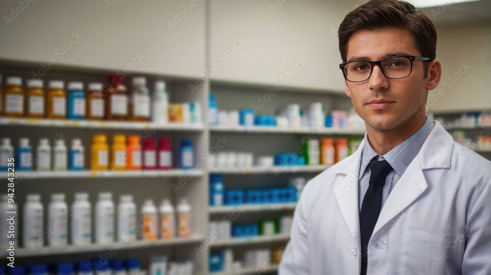 Male pharmacist standing in front of shelves at the pharmacy. Male pharmacist standing in front of shelves at the pharmacy.