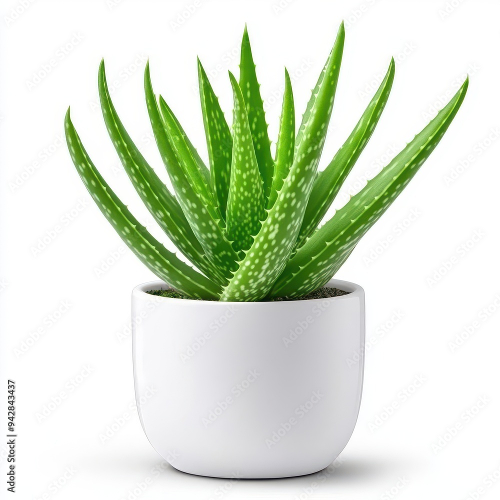 Small aloe vera plant in round pot isolated on white background Small aloe vera plant in round pot isolated on white background
