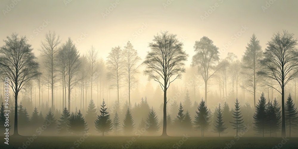Tranquil monochromatic forest scene with trees against neutral sky Tranquil monochromatic forest scene with trees against neutral sky