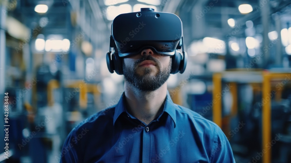 Man Wearing Virtual Reality Headset in a Factory Man Wearing Virtual Reality Headset in a Factory
