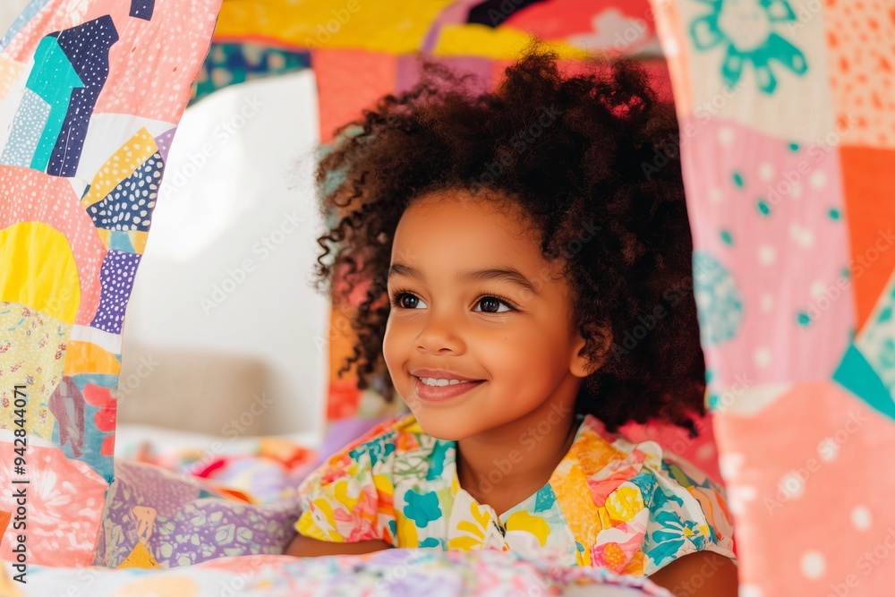 black little girl in a DIY fabric playhouse set up in a child's bedroom black little girl in a DIY fabric playhouse set up in a child's bedroom