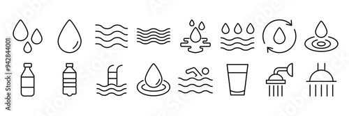 Water drops icon set. Editable vector pack of water line icons. A drop of water. Glass, magnifier, washing hands, shower. Vector illustration.