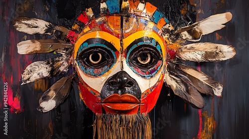 A colorful wooden mask with feathers and a long beard hangs on a black background. photo