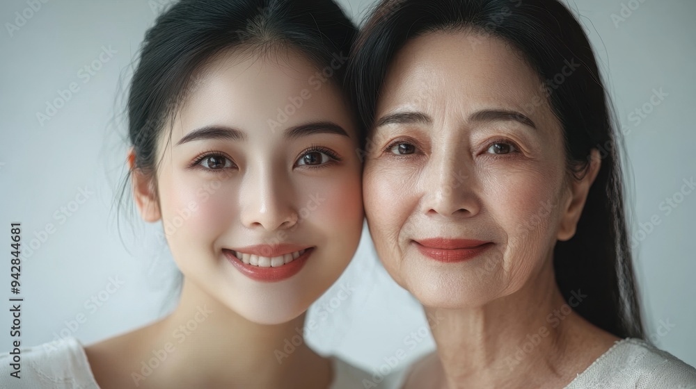 Young woman and her elderly mother take care of their skin and look great,Two generations,Beautiful middle aged mother and her adult daughter,skincare and Aging concept,Comparison of young and old. Young woman and her elderly mother take care of their skin and look great,Two generations,Beautiful middle aged mother and her adult daughter,skincare and Aging concept,Comparison of young and old.