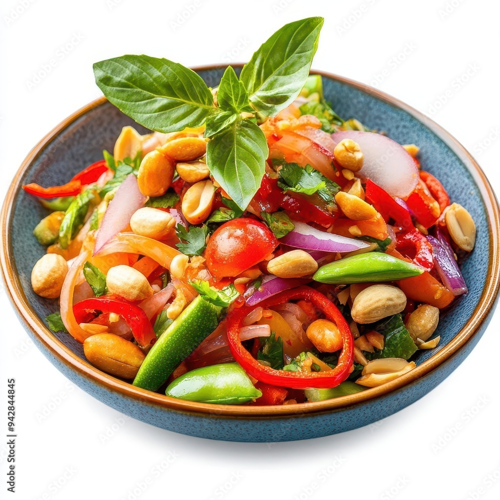 Som Tum (papaya salad) with peanuts and chilies, isolated on a white background Som Tum (papaya salad) with peanuts and chilies, isolated on a white background