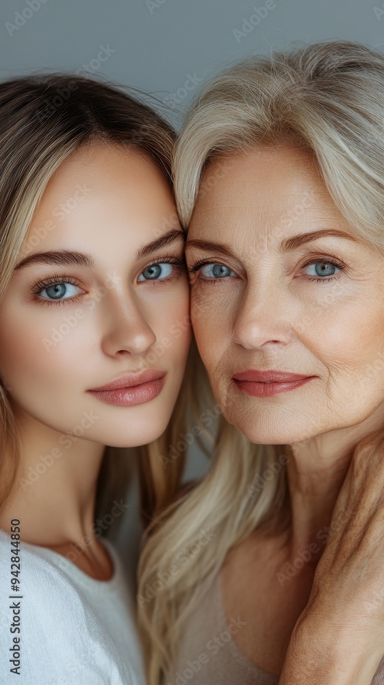 Young woman and her elderly mother take care of their skin and look great,Two generations,Beautiful middle aged mother and her adult daughter,skincare and Aging concept,Comparison of young and old. Young woman and her elderly mother take care of their skin and look great,Two generations,Beautiful middle aged mother and her adult daughter,skincare and Aging concept,Comparison of young and old.