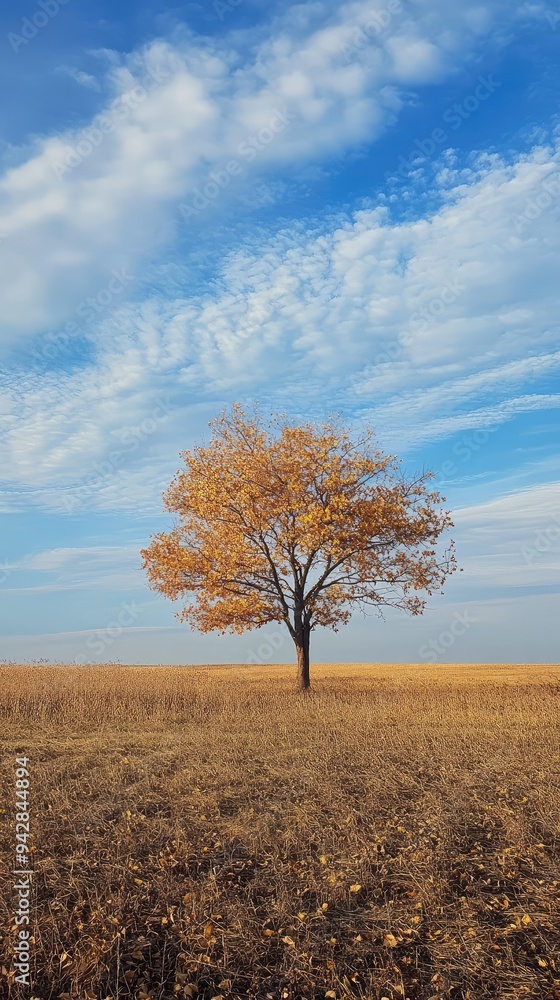 A lone tree in a field, its leaves turning golden under a crisp autumn sky. A lone tree in a field, its leaves turning golden under a crisp autumn sky.