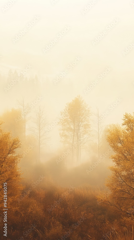 A misty autumn morning with soft golden hues blending earth and sky. A misty autumn morning with soft golden hues blending earth and sky.