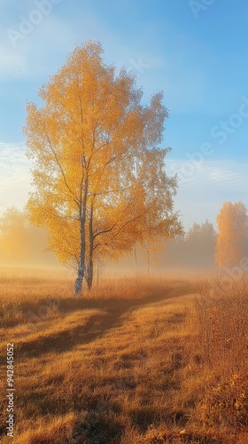 A misty autumn morning with soft golden hues blending earth and sky.