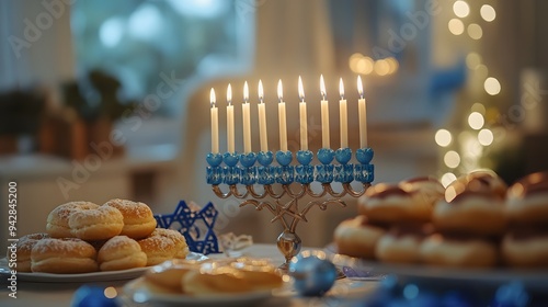 Festive Hanukkah menorah with blue accents and traditional food in a cozy setting photo