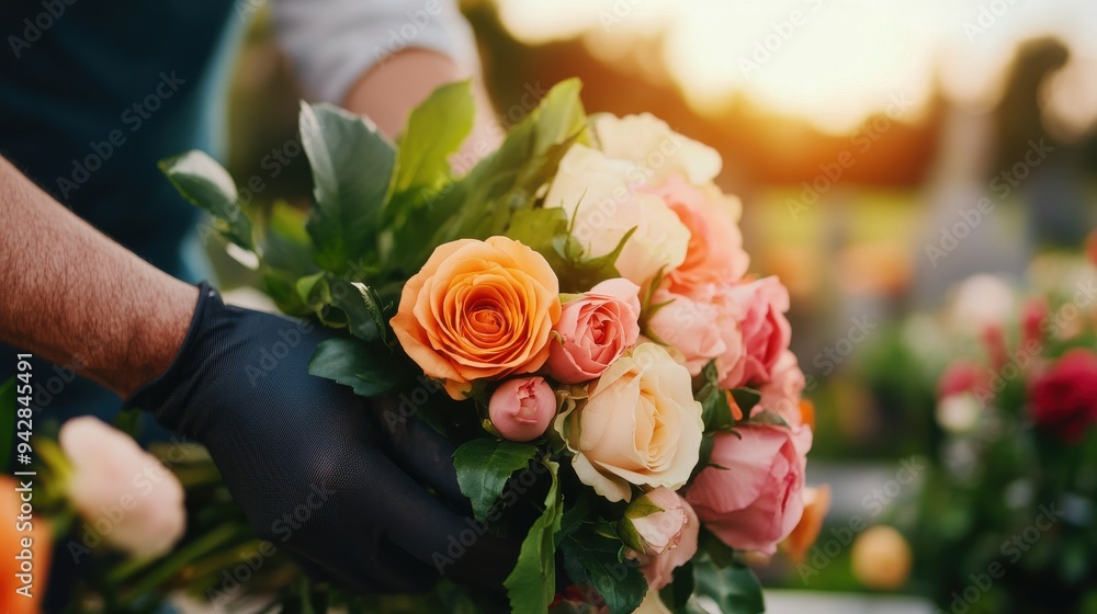 Compassionate Florist Gently Placing a Beautiful Floral Arrangement on a Freshly Covered Grave in a Serene Cemetery Setting, Surrounded by Memorial Flowers Compassionate Florist Gently Placing a Beautiful Floral Arrangement on a Freshly Covered Grave in a Serene Cemetery Setting, Surrounded by Memorial Flowers