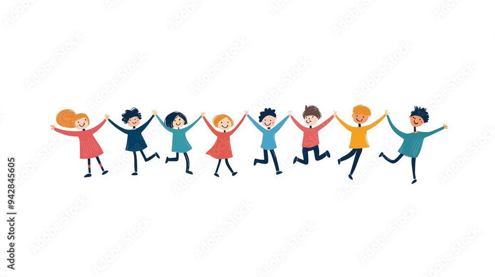 Cute cartoon children's drawing of many happy kids holding hands and jumping, white background, colorful , simple hand drawn style Cute cartoon children's drawing of many happy kids holding hands and jumping, white background, colorful , simple hand drawn style