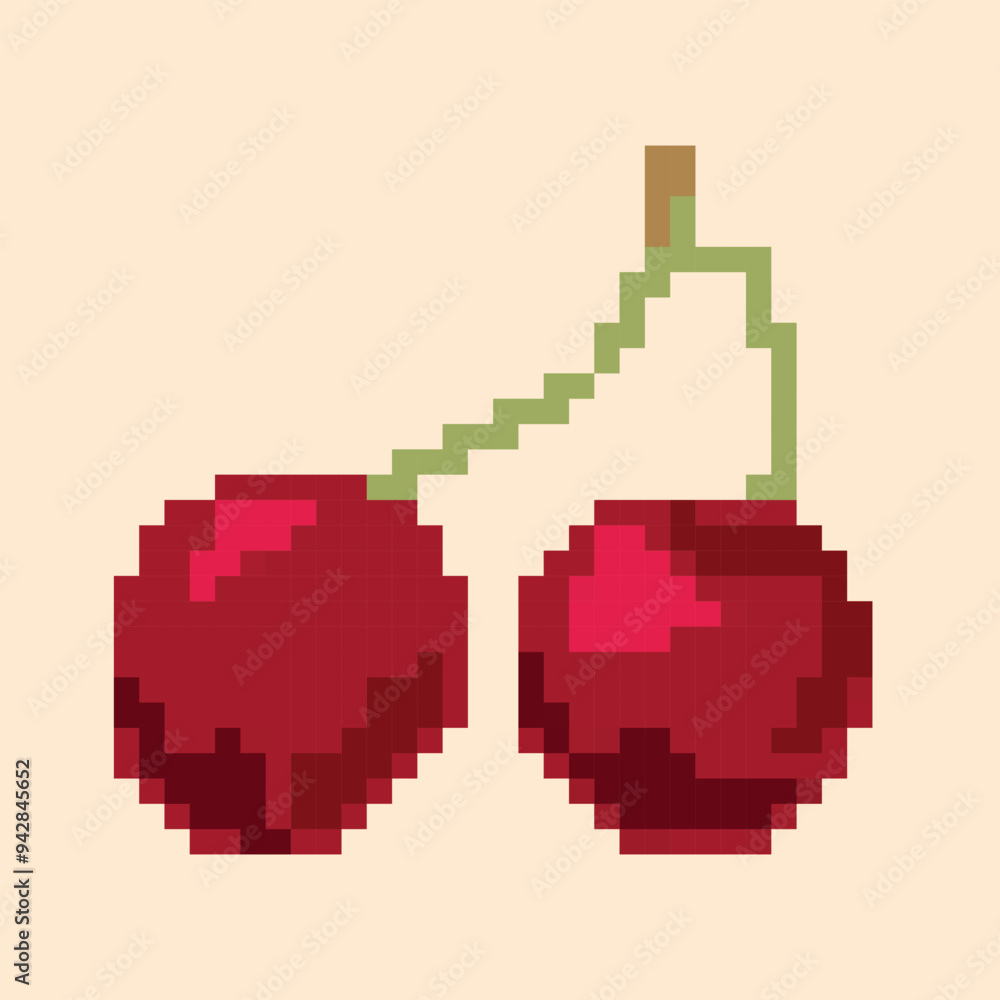 Fototapeta premium Vector pixel image of a red cherry with branches on a light beige background. Ideal for icon, sticker, gaming and retro design