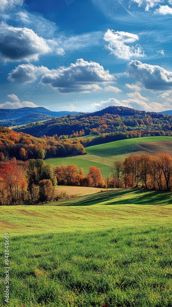 Fototapeta premium A picturesque autumn landscape with rolling hills and a brilliant blue sky.