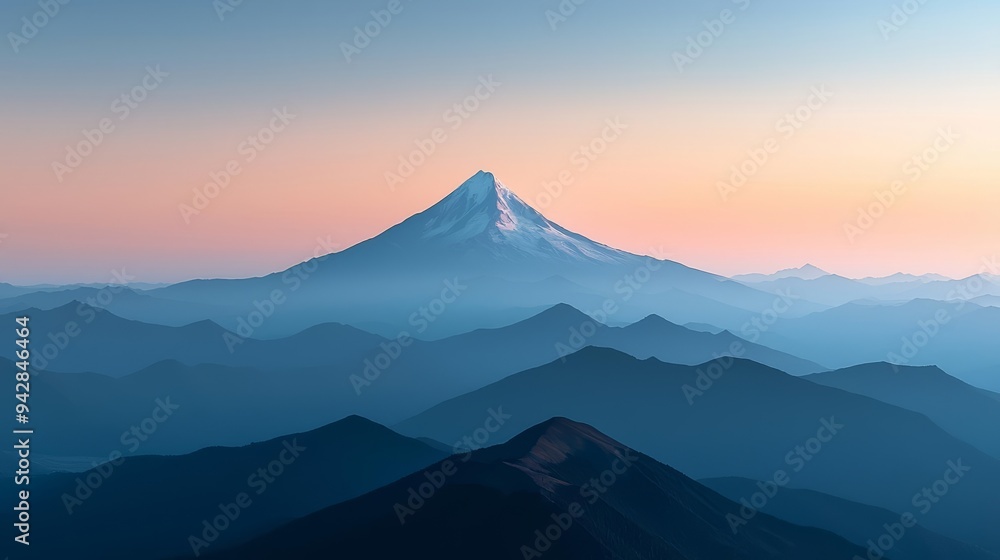 A lone mountain summit piercing through a gradient sky, evoking serenity and grandeur, minimalist style A lone mountain summit piercing through a gradient sky, evoking serenity and grandeur, minimalist style