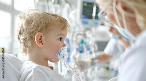 RSV virus infection in child medical concept. A hospital room scene with a toddler receiving oxygen tube