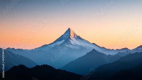 A lone mountain summit piercing through a gradient sky, evoking serenity and grandeur, minimalist style