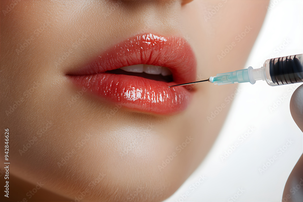 Obraz premium Cropped macro of a young woman getting fillers injection in her lips. Procedure for lip augmentation and correction. Injection cosmetology concept.