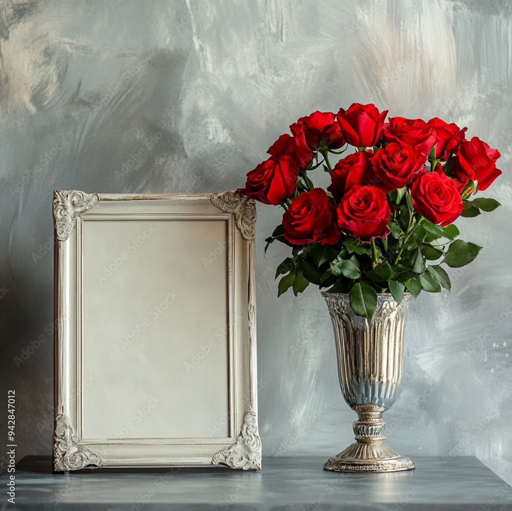 a vase with luxurious red roses stands on the table next to an empty square frame 20 cm x 20 cm. The interior is expensive, rich, luxury a vase with luxurious red roses stands on the table next to an empty square frame 20 cm x 20 cm. The interior is expensive, rich, luxury