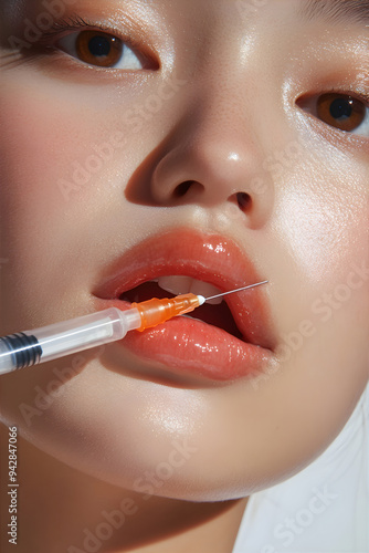 Cropped close up of a young asian lady getting fillers injection in her lips. Procedure for lip augmentation and correction. Injection cosmetology concept. photo