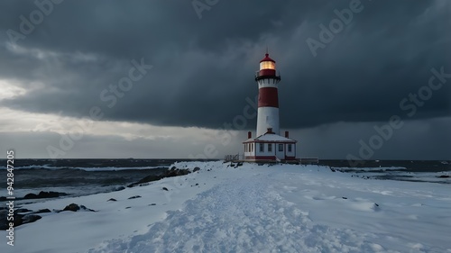  A snow-covered lighthouse standing tall against a backdrop of stormy winter clouds --ar 3:2 --v 4 photo