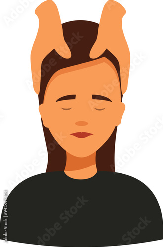 Masseuse is giving a relaxing head massage to a young woman with her eyes closed