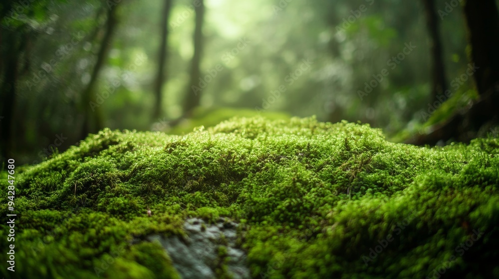 Verdant moss accents a backdrop ideal for showcasing products, set against a backdrop of a dense, dark forest.