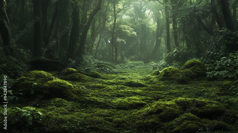 Fototapeta premium Verdant moss accents a backdrop ideal for showcasing products, set against a backdrop of a dense, dark forest.