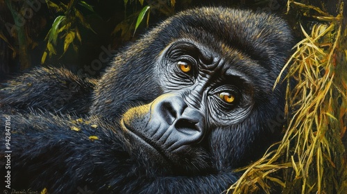 Close-up Portrait of a Gorilla with Golden Eyes in Lush Foliage photo